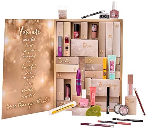 Maybelline New York Adventskalender 2022 mit Kosmetik hinter 24 Türchen, Beauty Weihnachtskalender mit Schminke und Make Up, 1 Stück