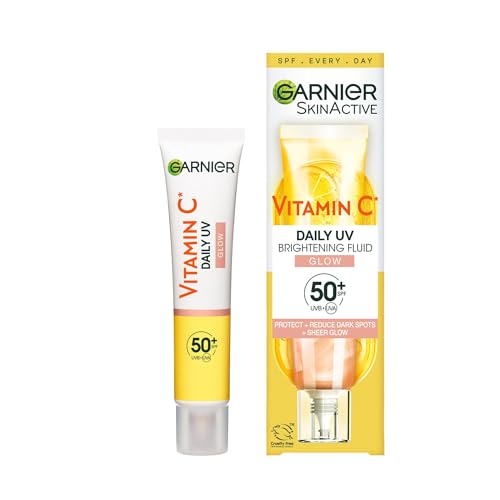 Garnier Vitamin C Sonnenschutzcreme, LSF 50+, Schützt und korriegiert Schäden durch die Sonne, Gleicht den Hautton aus, Für Gesicht & Hals, Vegan, Für alle Hauttypen, Daily UV Glow, 40 ml