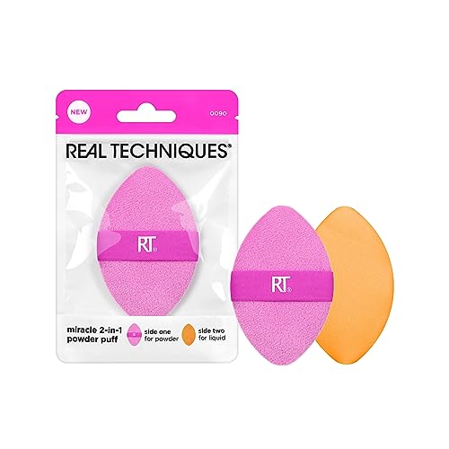 Real Techniques Miracle 2-in-1-Puderquaste, doppelseitiger Puderquast in voller Größe, wendbares Gummiband, Make-up-Schwamm und Puderquaste mit präziser Spitze,1 Stück