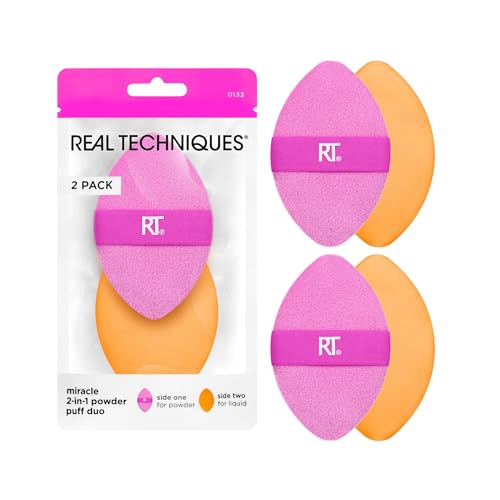 Real Techniques Miracle 2-in-1 Puderquaste, doppelseitiger Puderquast in voller Größe, wendbares Gummiband, Make-up-Schwamm und Puderquaste mit präziser Spitze,2 Stück