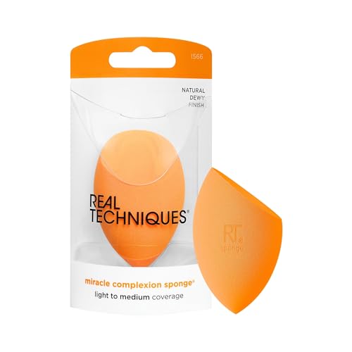 Real Techniques Miracle Complexion Sponge, Make-up-Mischschwamm, für flüssige und cremefarbene Grundierung, bietet leichte bis mittlere Deckkraft, natürliches, taufrisches Make-up, orangefarbener Schwamm, latexfreier Schaum, 1 Stück