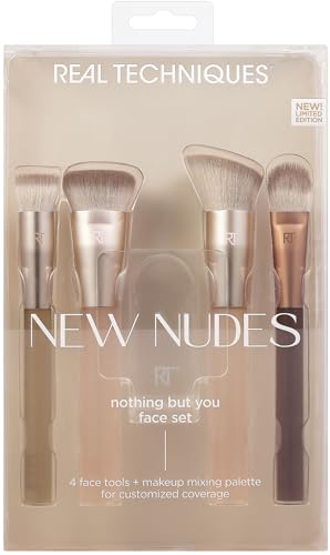 Real Techniques New Nudes Nothing But You Face Kit, Makeup Brushes For Blush, Contour, Concealer, & Foundation, Includes Makeup Mixing Palette, Custom Makeup, 5 Piece Set