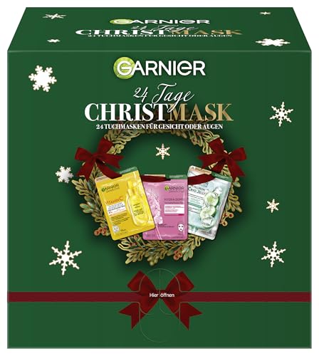 Garnier 24er Adventskalender Tuchmasken, Beauty-Set mit Sheet-Masks für das Gesicht von Hydra Bomb und SkinActive, Unterschiedliche Tuchmasken, Für wohltuende Maskenmomente, 1 x 24 Masken