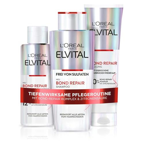 L'Oréal Paris Elvital Bond Repair Pflegeset zur Haarreparatur mit Pre-Shampoo, Shampoo & Spülung, Bundle, Schutz für weniger Haarbruch & mehr Glanz, mit Bond-Repair-Komplex & Zitronensäure, 3-teilig