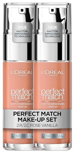 L'Oréal Paris Make up im Doppelpack, Flüssige Foundation mit Hyaluron und Aloe Vera, Perfect Match Make-Up, Nr. 2.R/2.C Rose Vanilla, 2 x 30 ml