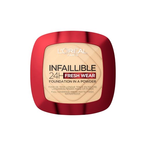 L'Oréal Paris Wasserfestes Puder Make-up mit hoher Deckkraft, Deckendes Kompaktpuder mit mattem Finish und 24h Halt, Infaillible 24H Fresh Wear Foundation Powder, Nr. 180 Rose Sand, 1 x 9 g