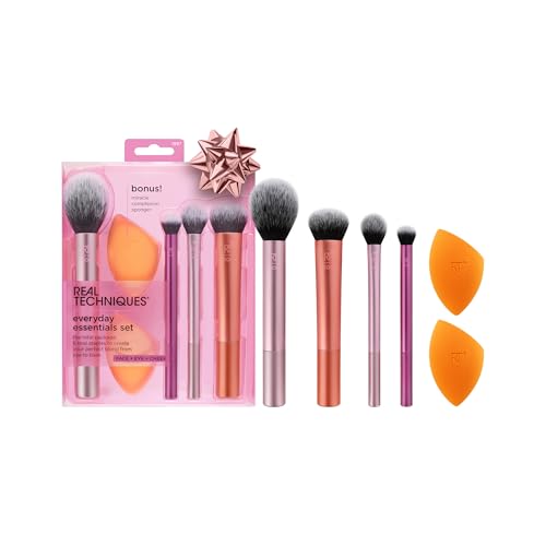 Real Techniques Everyday Essentials + Make-up-Schwamm-Set, 4 Make-up-Pinsel und 2 Blender-Schwämme, für Foundation, Rouge, Bronzer, Lidschatten und Puder, synthetische Borsten, 6-teiliges Set