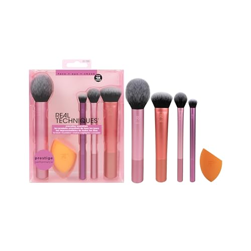 Real Techniques Everyday Essentials + Make-up-Schwamm-Set, Make-up-Pinsel und Make-up-Mixer-Schwamm, für Foundation, Rouge, Bronzer, Lidschatten und Puder, 5-teiliges Set