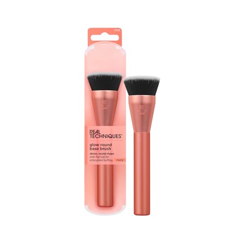 Real Techniques Glow Make-up-Pinsel mit runder Basis, für flüssiges und cremefarbenes Make-up, flache Grundierungsbürste zum Polieren und Verblenden der Deckkraft,1 Stück