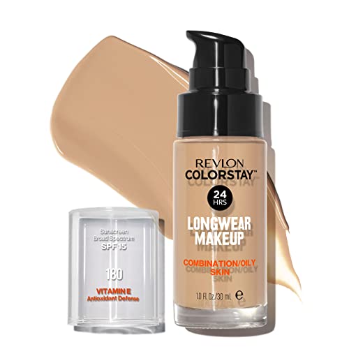 Revlon ColorStay, Foundation für Mischhaut und fettige Haut, mit Sonnenschutz SPF 15, lang anhaltende Formel, ölfrei (30ml), 180 Sand Beige