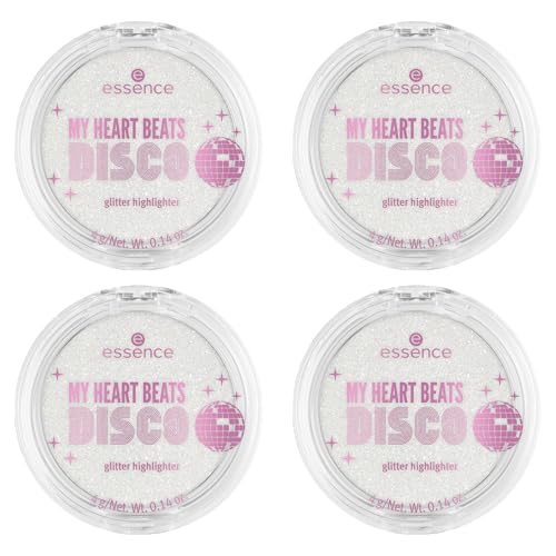 essence MY HEART BEATS DISCO glitter highlighter, Nr. 01, Silber, glitzernd, gelig, vegan, ohne Parfüm, ohne Alkohol, ohne Parabene, 4er Pack (4x4g)